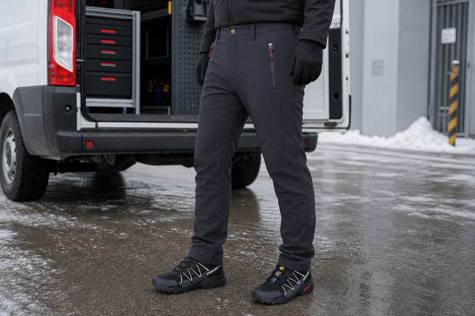 Antrasit softshell kışlık iş pantolonu servis aracı kullanım görseli