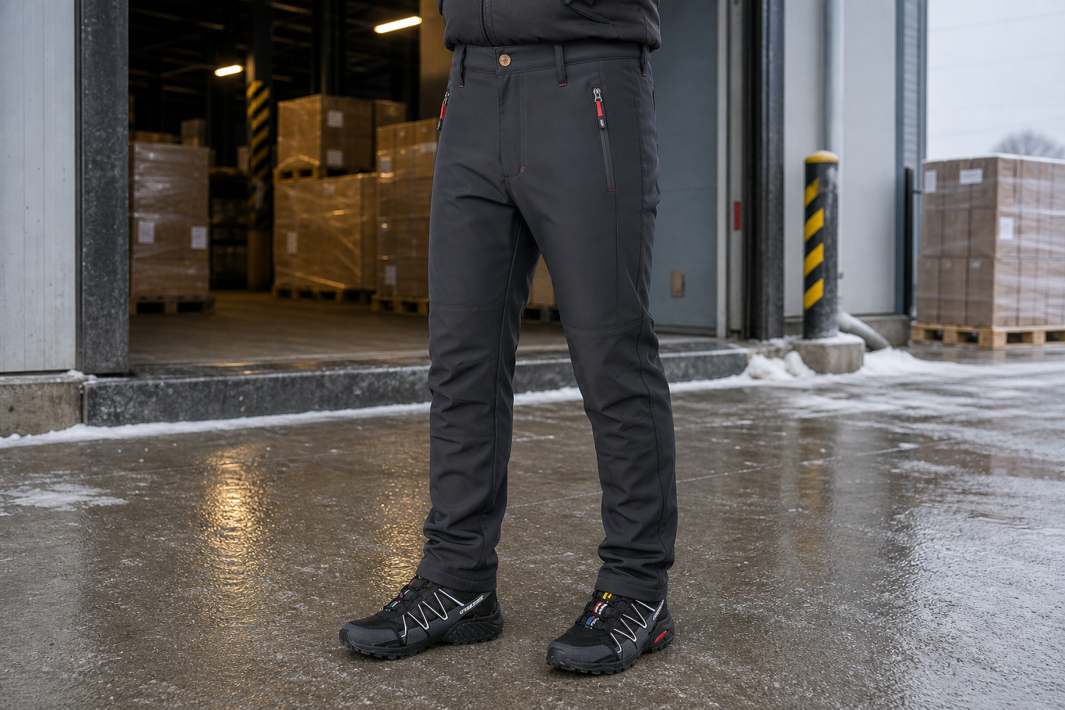 Antrasit softshell kışlık iş pantolonu soğuk depo kullanım görseli