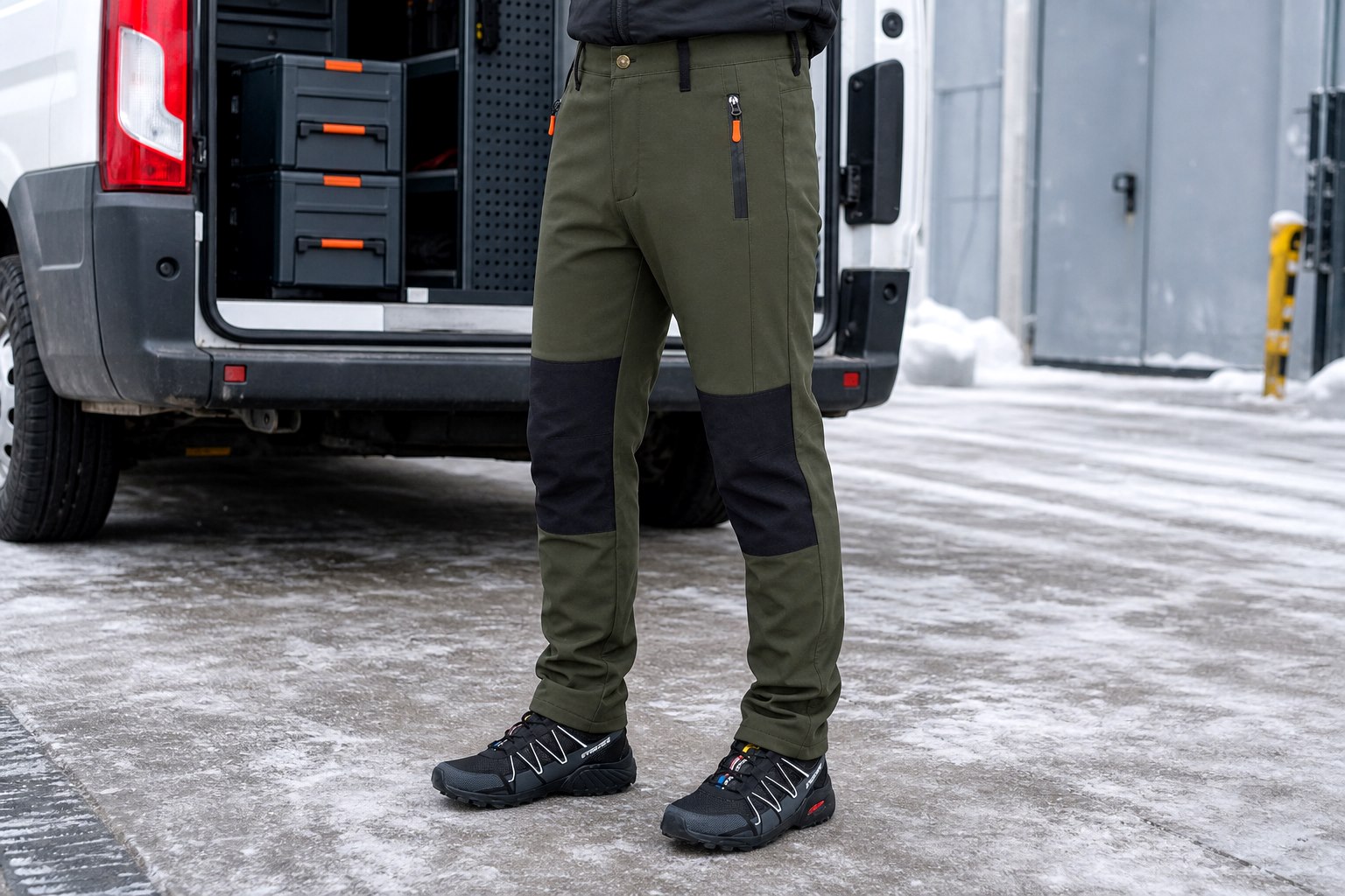 Haki softshell kışlık iş pantolonu servis aracı kullanım görseli