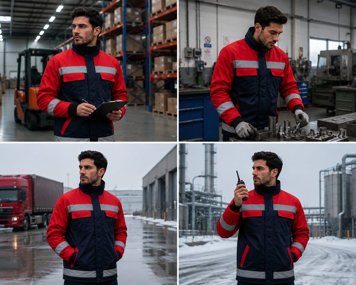Kırmızı-lacivert reflektörlü soğuk hava iş montu kullanım senaryoları