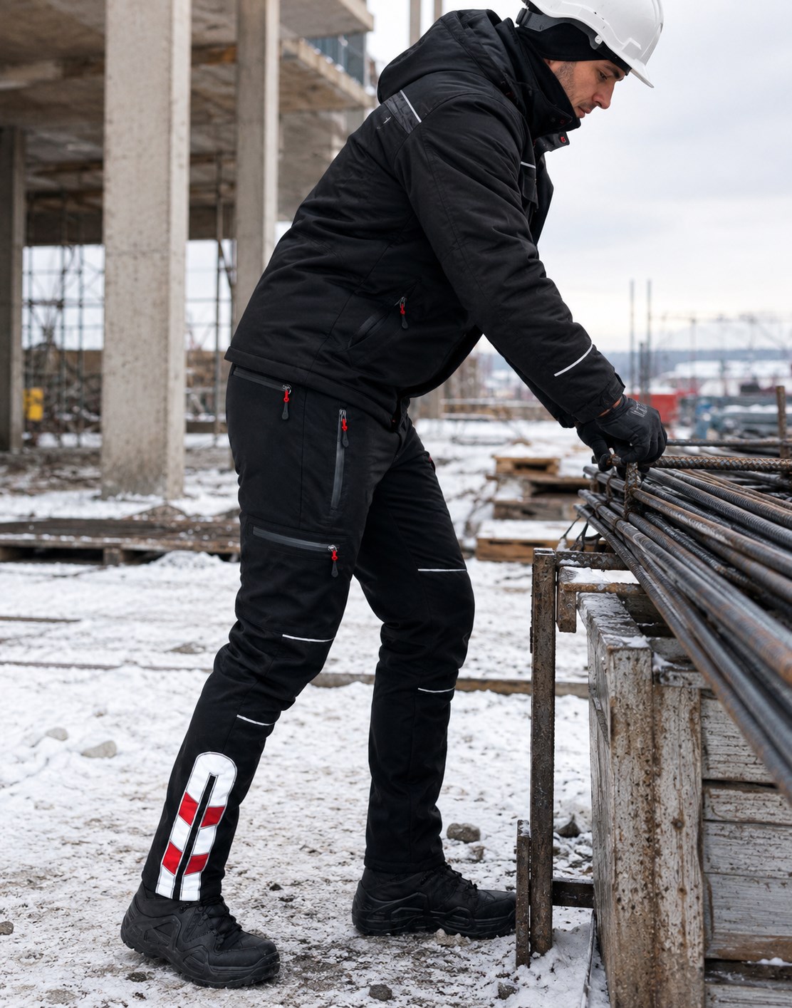Siyah reflektörlü softshell iş pantolonu model görünümü