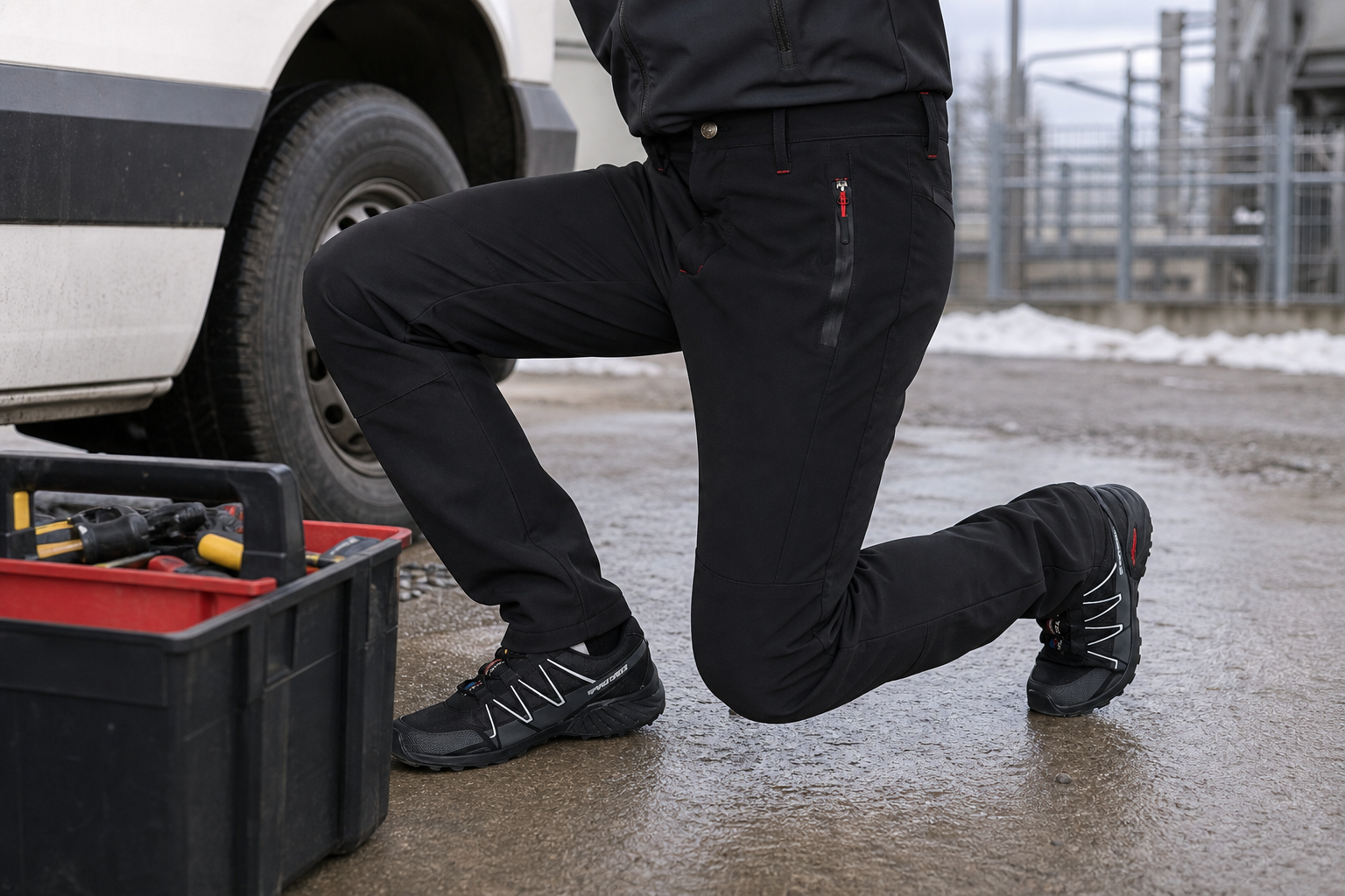 Siyah softshell kışlık iş pantolonu servis bakım kullanım görseli